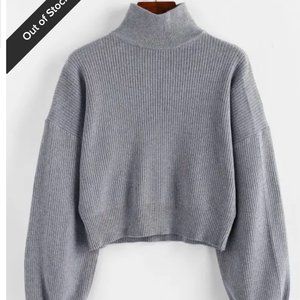 High Neck Drop Shoulder Plain Sweater